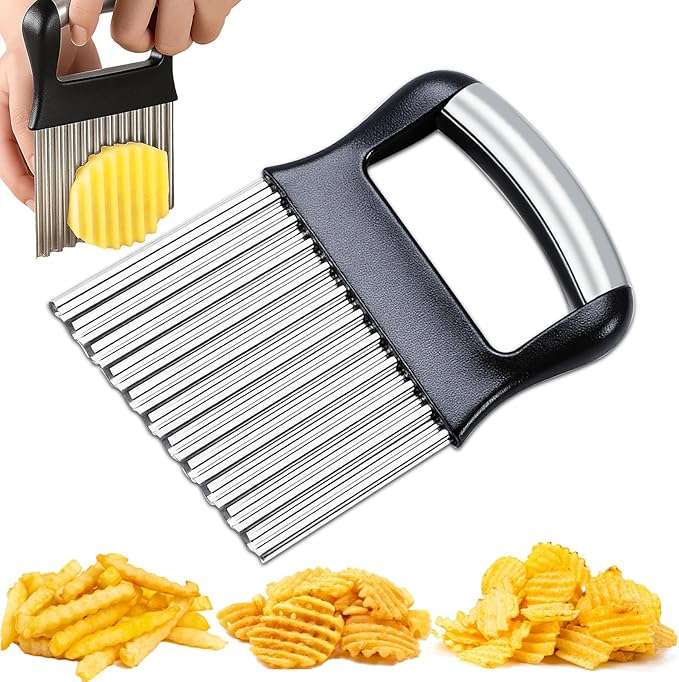 FANTEXY Crinkle Cutter for Veggies, Stainless Steel French Fry Cutter for Potatoes, Cucumbers, Carrots - Wavy Chopper, Waffle Fry Maker