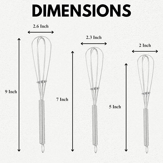 Chandler Whisks for Cooking | Pack of 3 | Small Set – Stainless Steel Whisk - Perfect for Blending, Beating, and Stirring - Heat Resistant, Anti-Rust Kitchen Whisk, Hand Mixer (Sizes 5’’, 7’’, 9’’)
