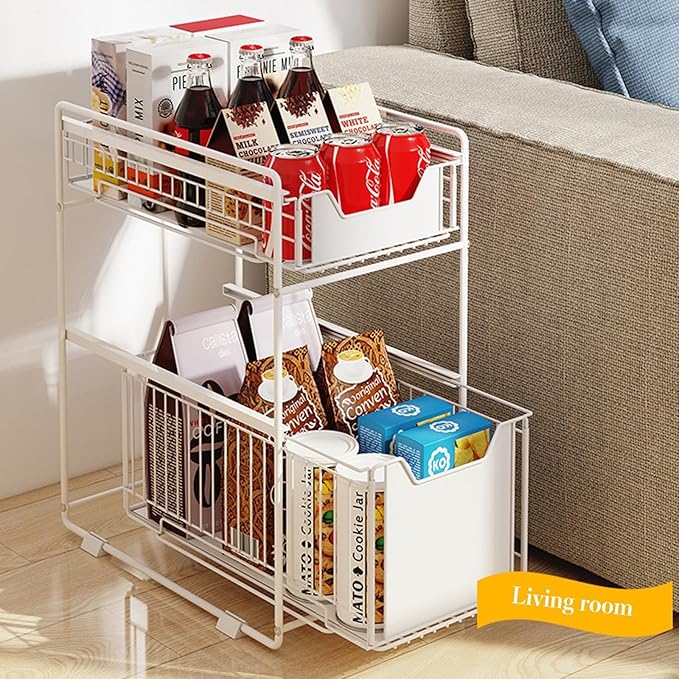 Takywep 2-Tier Pull Out Cabinet Organizer, Heavy Duty Slide Out Pantry Shelves Drawer Storage with Adhesive Film, No-Drill Sliding Mesh Basket for Kitchen, Bathroom, Home