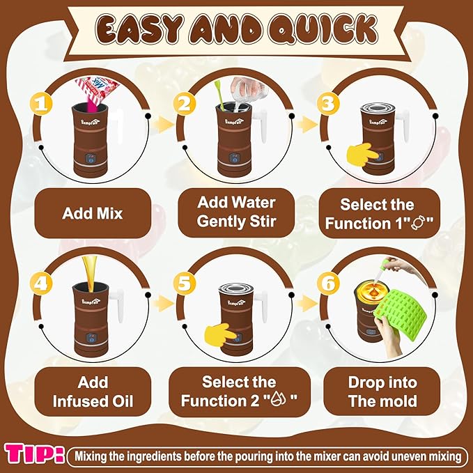 Gummy Maker Machine, Oil Infused Gummy Candy Maker, DIY Edible Gummy, Jelly & Pudding, Gummy Making Kit, , Include 1 Bear Mold, 1 Fruit Mold, 2 Dropper &1 Mixing Stick 5-Years Free Replacement (Brown)