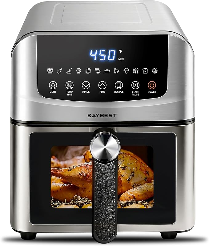 Stainless Steel Air Fryer Ceramic 12 in 1, Dual-Blazes in Steel Housing, 6QT 2-3 Servings Visible 8.27" Basket with Teflon-Free Premium Coating, 1700W, DAYBEST Dishwasher Safe Kits (Silver)