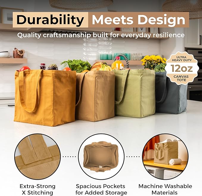 VeraMia Canvas Grocery Bag 3pc XL Set with Real Pockets, Long Shoulder Strap and Short Handle. Heavy Duty, Foldable, Washable