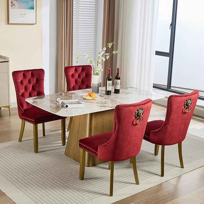 Velvet Dining Chairs Set of 4, Modern Tufted Dining Room Chair, Upholstered Dining Chairs with Lion Head Pulls Ring and Golden Solid Wood Legs, Luxury Kitchen Chairs for Dining Room, Burgundy