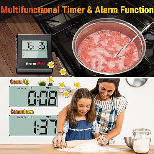ThermoPro TP16H Large LCD Digital Meat Thermometer for Cooking, Smoking, Grilling, BBQ Food Thermometer with Clock Timer and Stainless Steel Probe, Black