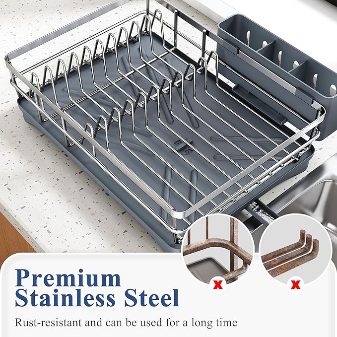 SNTD Dish Drying Rack for Kitchen Counter - Stainless Steel Dish Rack with Drainboard, Large Dish Drainer with Utensil Holder for Sink, Silver