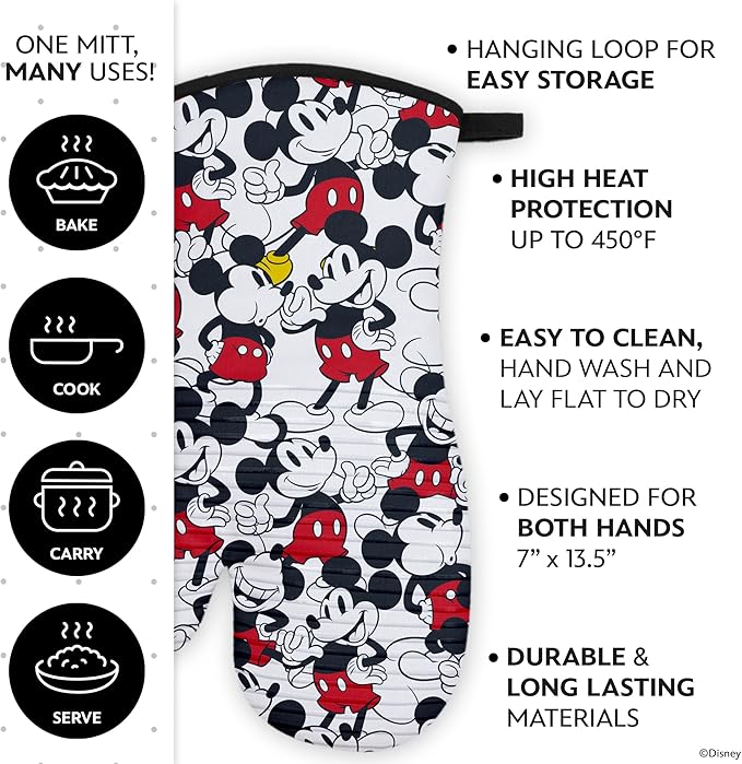Disney Silicone Oven Mitts Heat Resistant – Set of 2 Long Cuff Cotton Kitchen Mitts with Silicone Grip Stripes, Cute Oven Mitts & Pot Holders for Cooking, Baking & Kitchen Essentials- Mickey