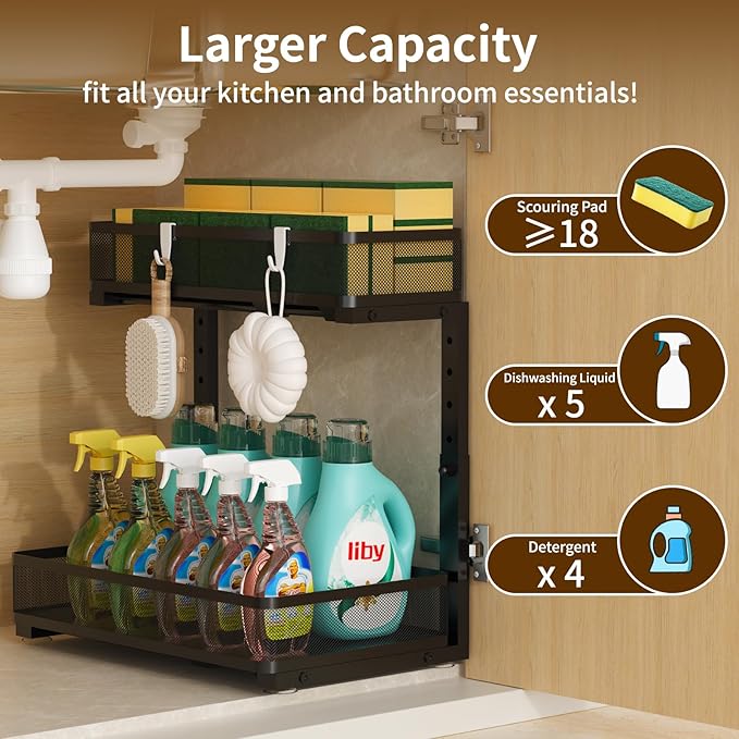 Under Sink Organizer 1 Pack, 2-Tier Slide Out Cabinet Organizer with Metal Sliding Drawer and Hooks, Pull Out Storage Baskets for Kitchen Bathroom Pantry Cabinet Organization (Black (1 pack))