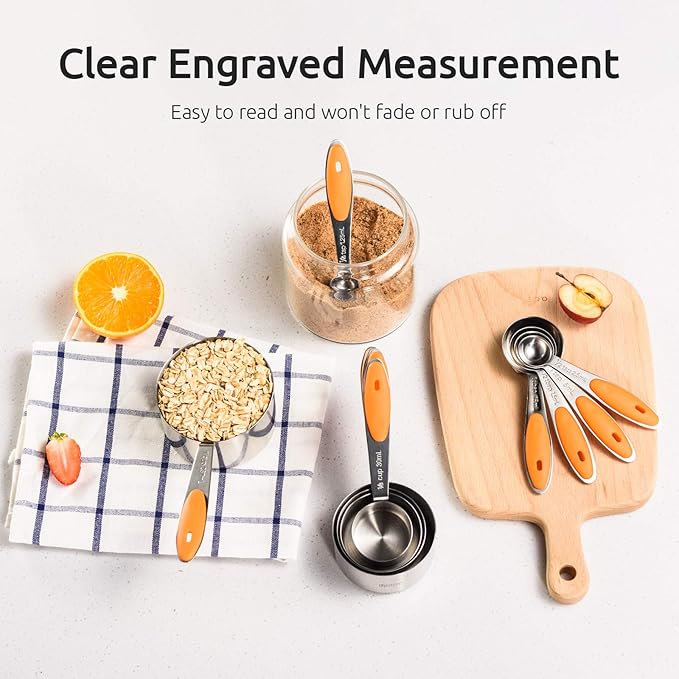 U-Taste 18/8 Stainless Steel Measuring Cups and Spoons Set of 10 Piece, Upgraded Thickness Handle and 1.5oz Heat Resistant Angled Turkey Baster with Cleaning Brush for Cooking Basting (Orange)