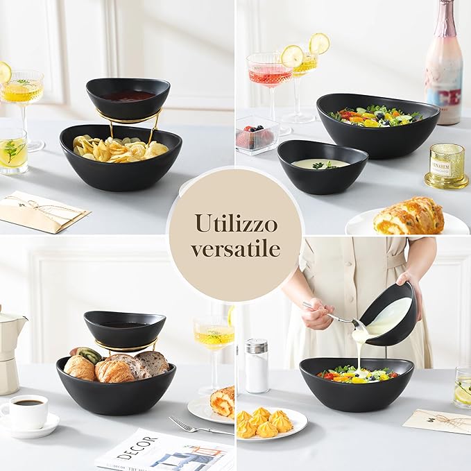 MALACASA 2 Tier Chip and Dip Serving Set with Metal Stand,Ceramic Appetizer Bowls for Party, Multi-Use Food Display for Fruits, Snacks,Black Elegant Tiered Serving Dishes for Party
