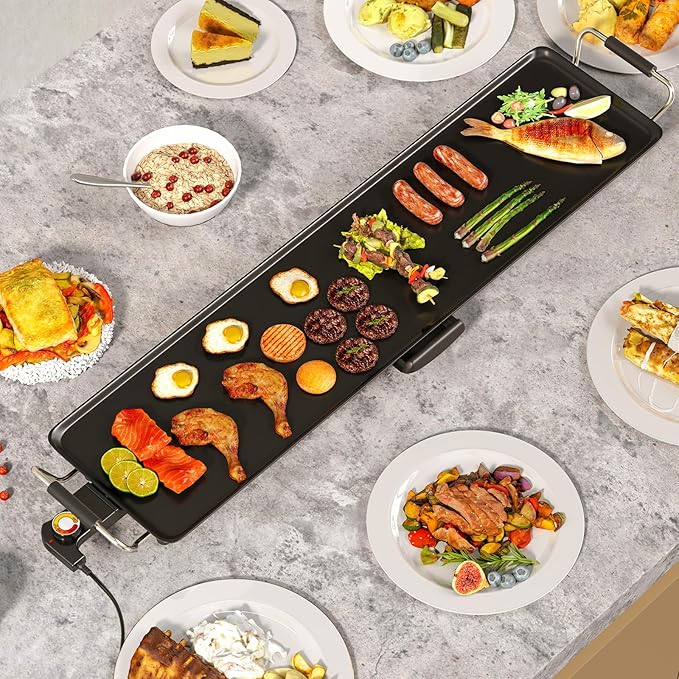 Nightcore 35" Large Electric Griddle, Teppanyaki Grill w/Adjustable Thermostat, Insulated Handles, Drip Tray & Nonstick Surface, Pancake Griddle, Indoor Outdoor Tabletop BBQ Grill for Party Camping
