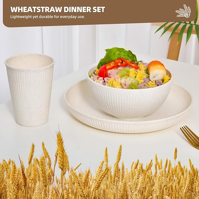Wheat Straw Dinnerware Sets for 6 - Lightweight & Unbreakable Cups Plates and Bowls Sets Microwave 18 pcs Dinnerware Set for Kitchen, Travel & Camping Beige