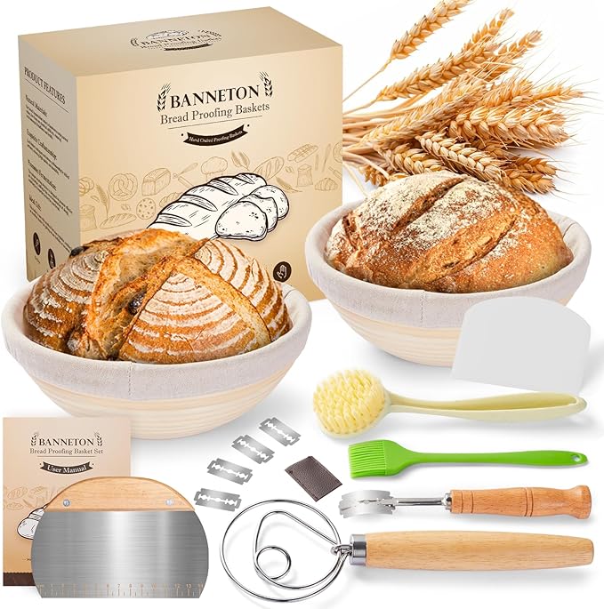 Banneton Bread Proofing Basket - Sourdough Starter Kit Banneton Sourdough Proofing Basket Set of 2, Sourdough Bread Baking Supplies for Making Baking Fermentation (9" Round Set of 2, 6 Accessories)