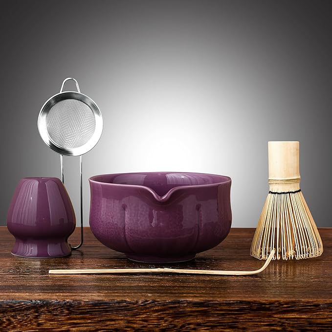 Matcha Whisk Set – 5 Piece Japanese Matcha Tea Set w/Ceramic Matcha Bowl, 100-Prong Bamboo Whisk & Holder, Scoop, & Stainless Sifter – Traditional Matcha Making Kit (Midnight Purple)