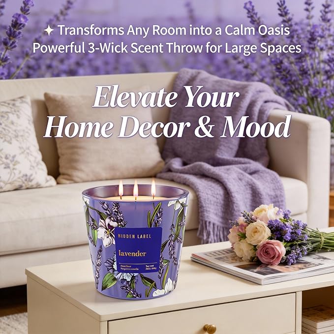 Extra Large Lavender Scented Candle, 30oz,3 Wick Natural Soy Wax Candle for Home, 100 Hours Long Lasting Clean Burn, Essential Oil Aromatherapy for Stress Relief, Sleep & SPA, Large Jar Candle Gift