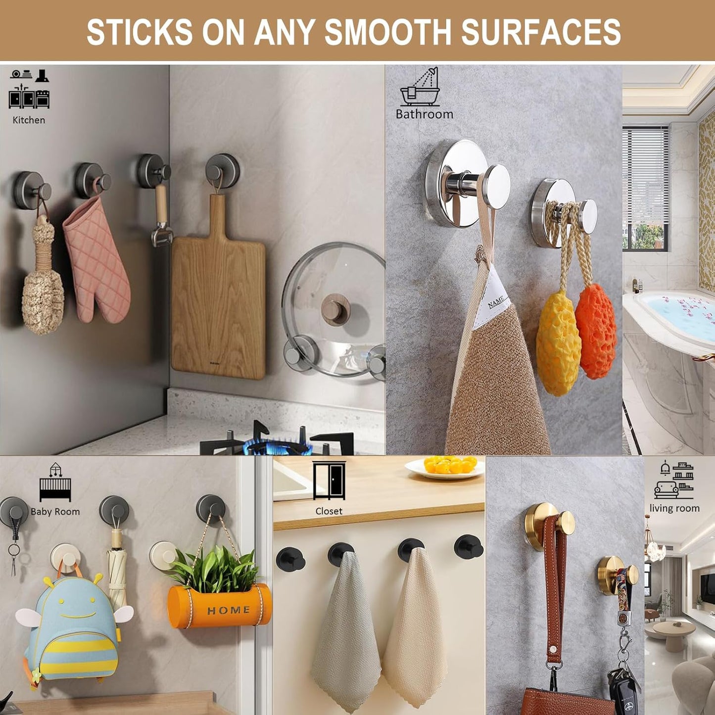 ZESLMG Suction Cup Hooks for Shower Wall, Door Wreaths, Removable Inside Shower Towel Hooks for Bathroom Window Glass Kitchen- Bath Robe Loofah Suction Hooks for Hanging More Surfaces (Nickel, 4 Pack)