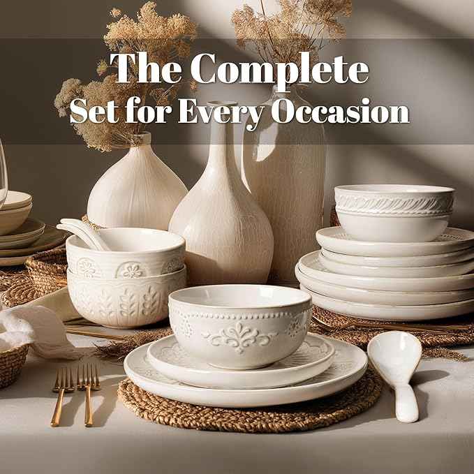 Artena Plates And Bowls Sets, 16 Pieces Dinnerware Sets, Dish Set For 4, Ceramic Kitchen Bowl And Plate Set, Embossed White Dishware Sets, Dishwasher & Microwave Safe (Willow Leaf)