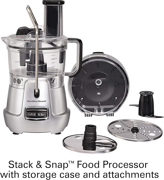 Hamilton Beach Stack & Snap 8-Cup Food Processor & Vegetable Chopper with Adjustable Slicing Blade, Built-in Bowl Scraper & Storage Case, Silver (70820)