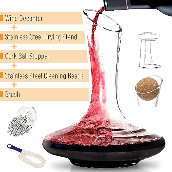 BTaT- XL Decanter with Drying Stand, Stopper, Brush and Beads, Hand Blown Crystal Glass, Wine Decanter, Wine Carafe, Wine Accessories, Red Wine Decanter
