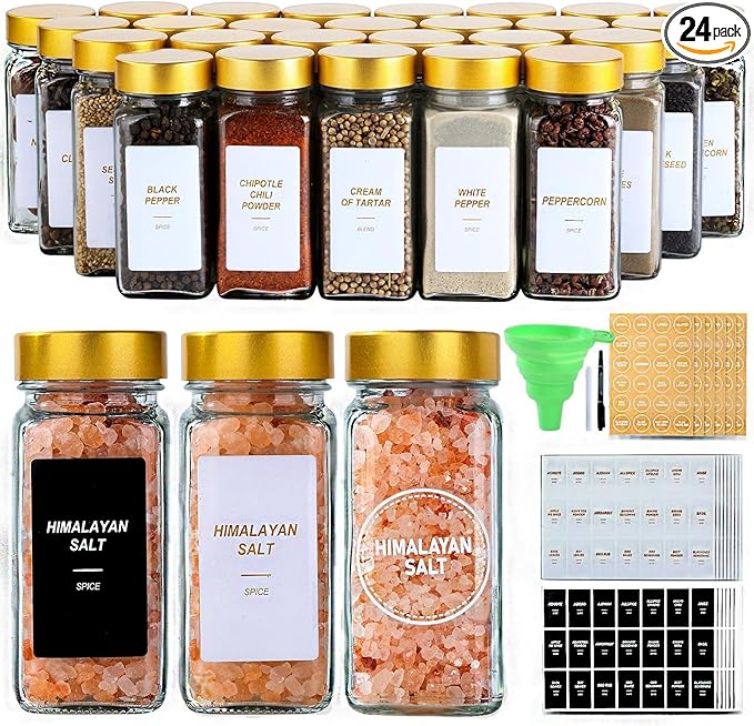 Glass Spice Jars with Label, 24Pcs Spice Jars with Shaker Lids-4 oz Gold Spice Seasoning Jars Bottles Containers Set for Spice Rack (24)