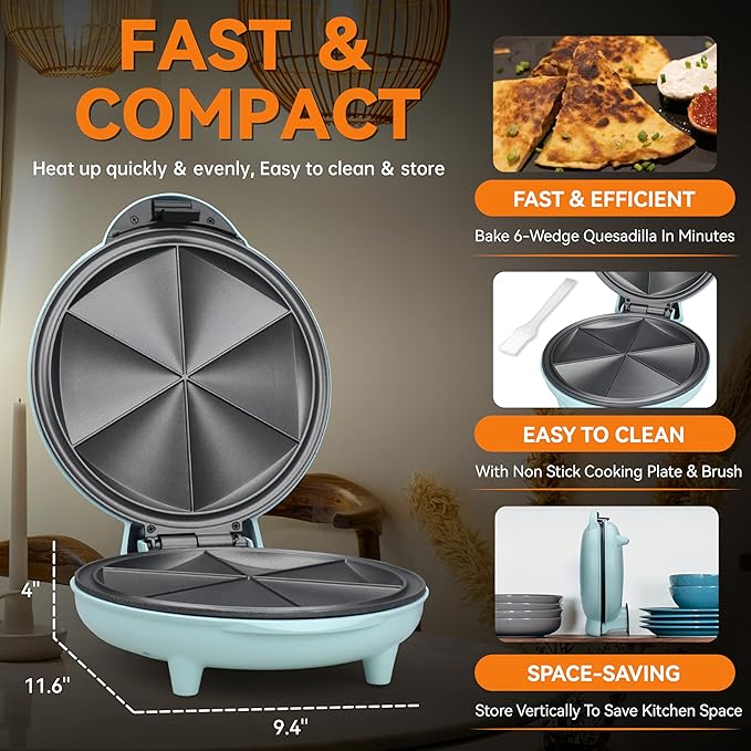 Baker's Friend Electric Quesadilla Maker with Extra Stuffing Design, 9.5 Inch with Easy Slice 6 Wedge, Non Stick Surface, Non-Slip Feet, Grilled Cheese Maker Machine, Aqua
