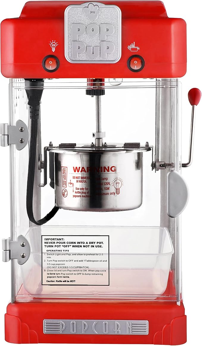 Pop Pup Popcorn Machine - 2.5oz Popper with Stainless-Steel Kettle, Serving Tray, Warming Light and Accessories by Great Northern Popcorn (Red)