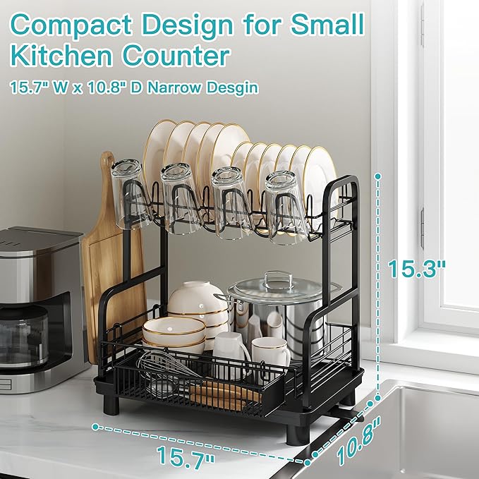 romision 2 Tier Compact Stainless Steel Dish Drainers Drying Rack for Kitchen Counter, Space Saving, Rust Proof Plate Strainers Holder On Countertop with Drainboard, Modern Black, Small