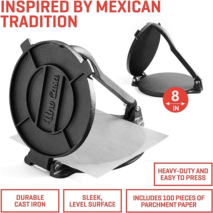 Uno Casa Tortilla Master Kit - Tortilla Press 8 Inch with 10.5 IN Comal Pan, 4 Taco Holders, and Tortilla Warmer - Complete Taco Tuesday Kit, Rotis, and Quesadillas - Unique Gift for Friends or Family