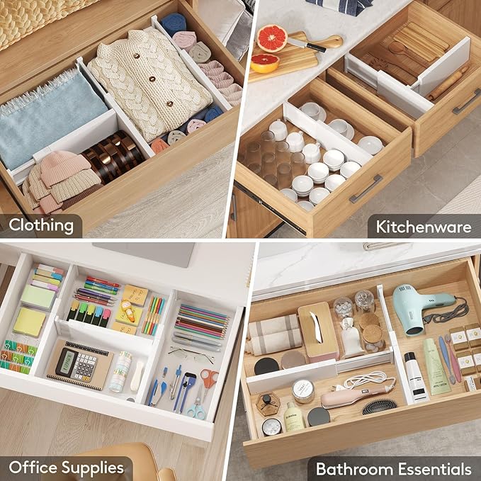 Lifewit 4 Pack 5" High Drawer Dividers 34-56cm/13.5-22" Adjustable Drawer Organizer for Clothes/Utensils, Expandable Drawer Separator in Dresser/Kitchen/Bedroom/Office Organization & Storage White