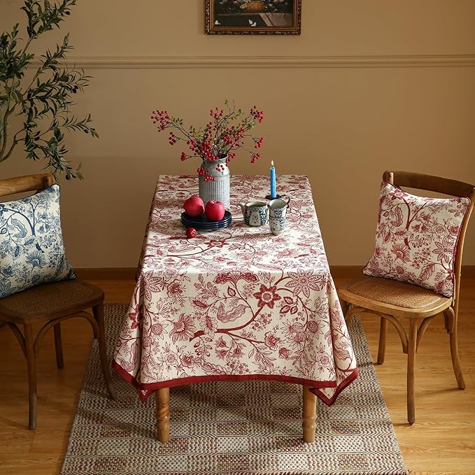 ISAENNE Designer French Linen Square Tablecloth,Red Floral Washable Indoor Table Cloth,Durable Home Decor Tablecloths for Dining Thanksgiving Kitchen Tea Party Christmas,67"*67"-Ruyi A