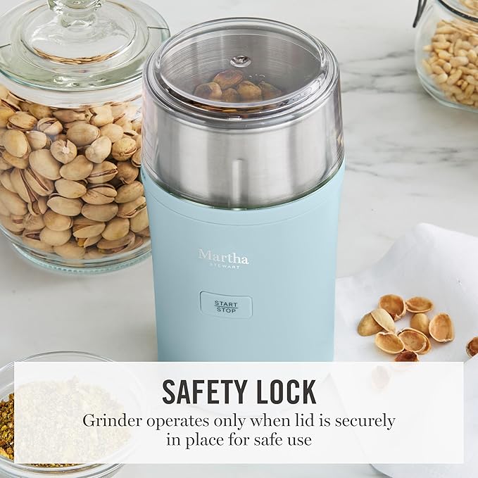 Martha Stewart Electric Coffee & Spice Grinder, Dual 2.5oz Removable Bowls, Storage Lids, Stainless Steel Blades, One Touch Pulse Control, 2-in-1 Compact, Beans & Spices, Herbs & Nuts, Sky Blue