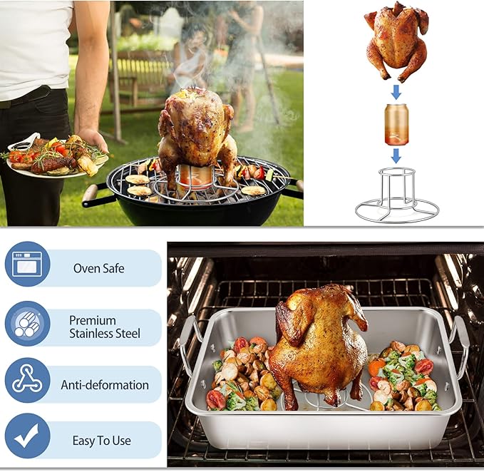 16" Roasting Pan with Rack, 7 PCS P&P CHEF Stainless Steel Turkey Roaster Lasagna Pan with Cooling Flat & V-shaped Baking Rack, Grilling Chicken Holder, Meat Shredding Claws, Dishwasher & Oven Safe
