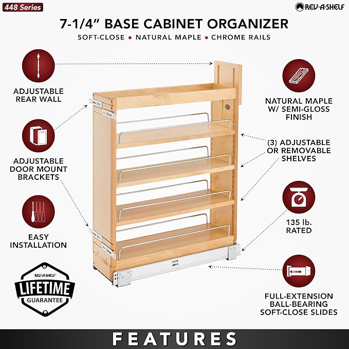Rev-A-Shelf 7.25" Pullout Storage Organizer for Base Kitchen/Bathroom Cabinets w/Soft-Close Full Extension Slides & Adjustable Shelves, 448-BCSC-6C