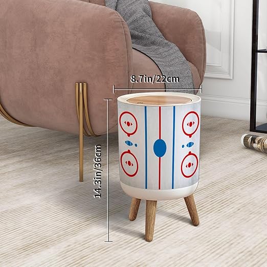 Trash Can with Lid Hockey Rink Hockey Rink Box Press Top Round Small Garbage Bin with Wooden Legs Waste Basket for Kitchen Bedroom Nursery 7L/1.8 Gallon