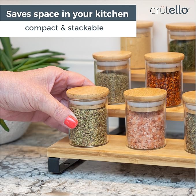 Crutello 20 Pack 2.5 Oz Mini Spice Jars with Bamboo Lids, Dishwasher Safe Jars for Spices, Honey, Beans, Rice, Party Favors | Crutello is a Family-Owned American Brand