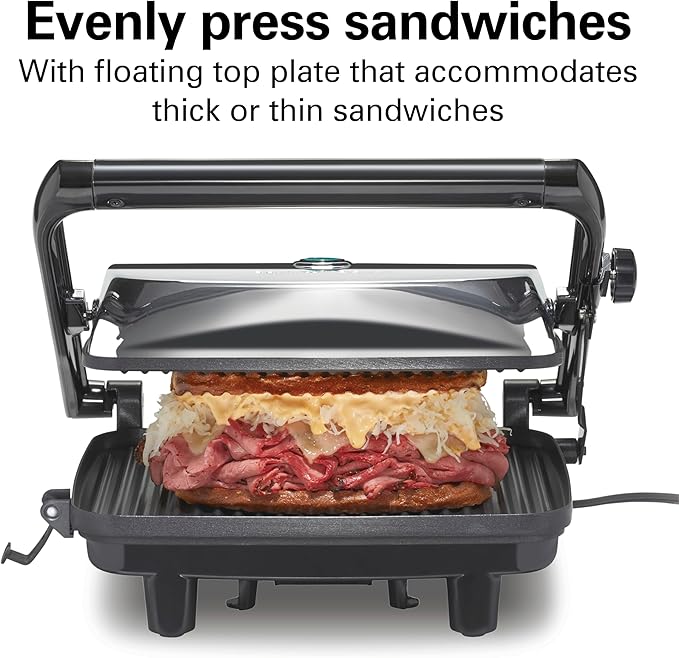 Hamilton Beach Panini Press Sandwich Maker & Electric Indoor Grill with Locking Lid, Opens Wide to Fit Any Thickness for Quesadillas, Burgers & More, Nonstick 8" x 10" Grids, Chrome (25460MNA)