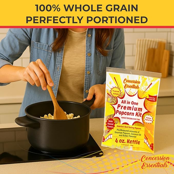 Concession Essentials 4oz Popcorn Portion Packs – Pre-Measured Kernels, Oil & Salt – Case of 12 Packs for Perfect Popcorn Every Time
