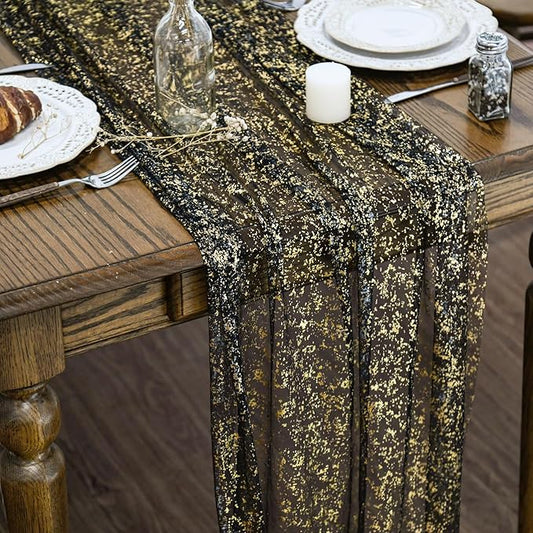 Artoid Mode 3Pcs Black Gold Gauze Table Runner 120 Inch 10FT, Glitter Metallic Foil Sheer Dining Wedding Anniversary Holiday Birthday Table Decor for Home Party