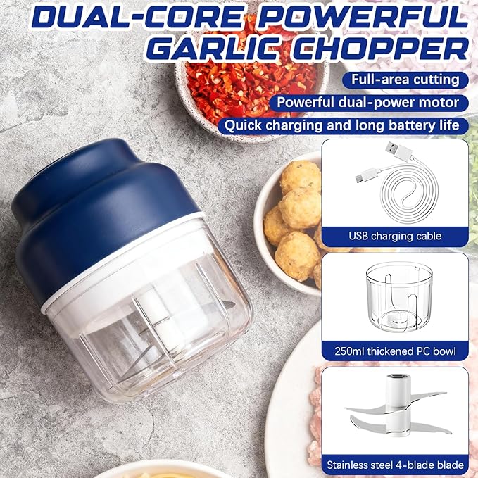 Electric mini garlic mincer set,2025 new small garlic mincer, electric food chopping tool, USB charging, wireless vegetable grinder, suitable for ginger, pepper, fruit(250ml)