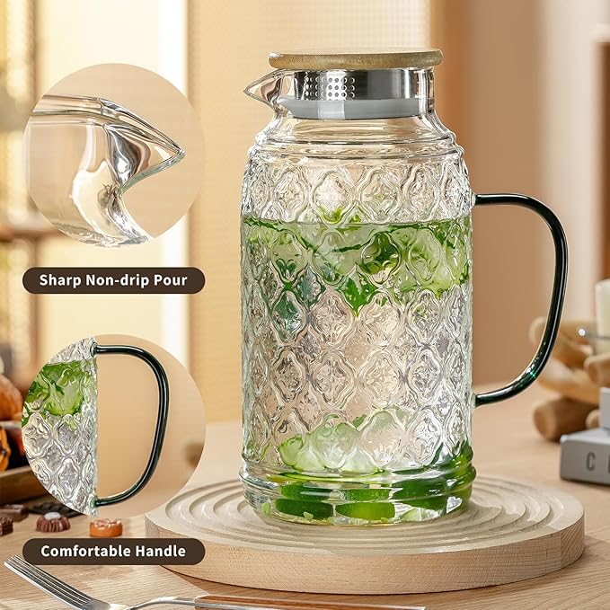 Buaic Glass Pitcher with Lid, 2 PACK 68 oz/2 Liter Vintage Water Pitcher With Serving Tray, Clear Borosilicate Glass Water Carafe for Cold Brew, Coffee, Lemonade, Iced Sun Tea,Beverage, Heat Resistant