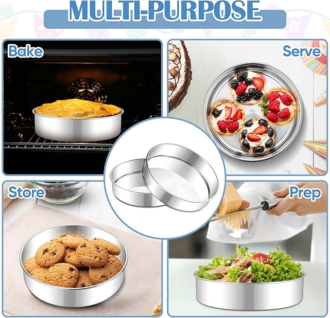 E-far 8 Inch Cake Pan Set of 2, Stainless Steel Round Baking Pans Tins Mold - Non-Toxic & Leak-Proof for Birthday Wedding Layer Tiered Cake, Easy Clean & Dishwasher Safe