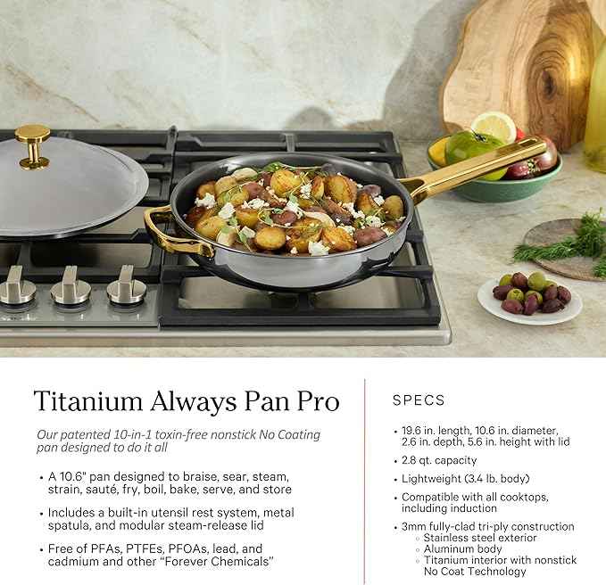Our Place Titanium Pro Cookware Set | 10-Piece Pots and Pans Set with Always Pan Pro, Perfect Pot Pro & Minis | Non-Toxic No-Coating Nonstick | Induction & Oven-Safe up to 750°F | Gold