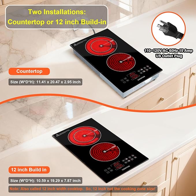 Dual Heating Coil Design of 2 Burner Electric Cooktop, 1800W Commercial Ceramic Infrared Cooking Hot Plate, Portable Countertop or Built-in Radiant Stove Top Cooker with WATT and TEMP Control