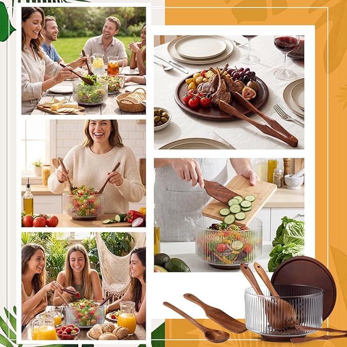 Large Ribbed Glass Salad Bowl Set, Party Salad Bowl with Wood Base and Lid as Cheese Charcuterie Board and Plate, Comes with 5 Pieces of Elegant Wood Serving Utensils