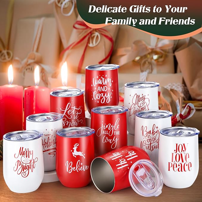 Uiifan 10 Pack Christmas Tumblers Gifts 12 Oz Xmas Funny Tumbler Christmas Stainless Steel Coffee Mugs Set Xmas Insulated Travel Cup with Straw Lid for Family Xmased Holiday Gift (Red White)