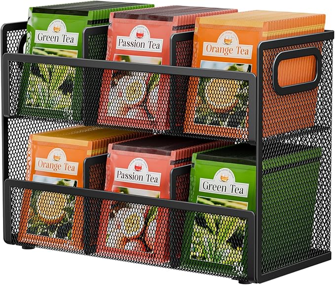 2 Tier Tea Bag Organizer, Mesh Tea Bag Holder with Handle, Teabag Holder, Tea Station Organizer for Countertop, Pantry, Kitchen, Cabinet -Black