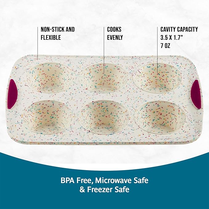 Trudeau Structure White Confetti 6-Cup Jumbo Muffin Pan – Premium Steel-Reinforced Silicone Bakeware, Nonstick BPA-Free Cupcake & Muffin Mold – Oven, Freezer & Dishwasher Safe