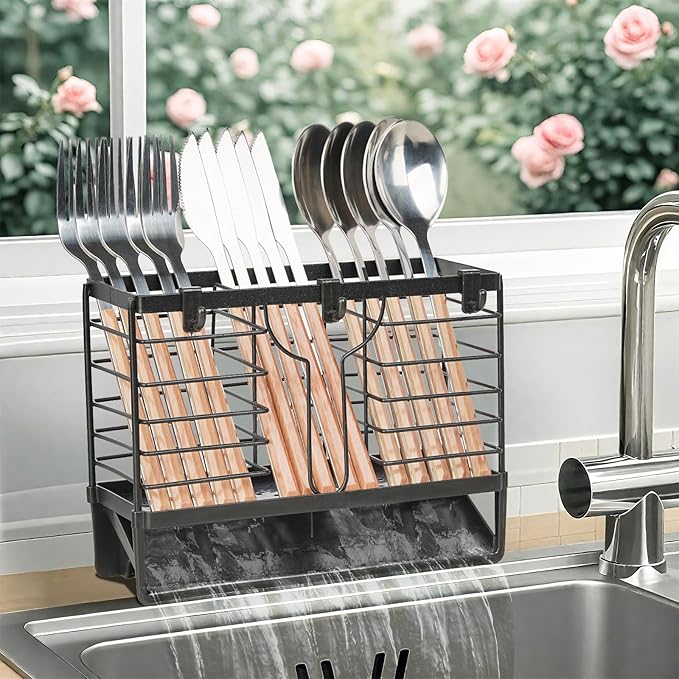 Utensil Holder, Stainless Steel Utensil Drying Rack with 3 Compartments and Automatic Drain Tray for Kitchen Counter, Silverware Cutlery Flatware Holder Forks, Knives, Spoons, Chopsticks Organizer