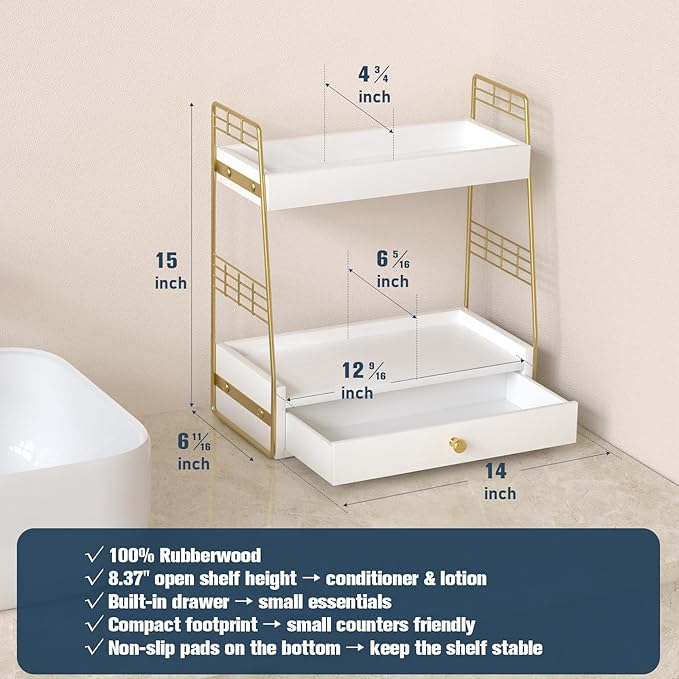 Bathroom Counter Organizer with Drawer, Slim 2-Tier Vanity Countertop Storage Shelf for Skincare, Toiletries & Small Essentials (White)