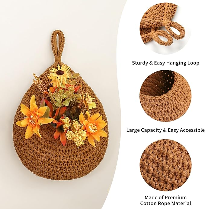 Boho Wall Hanging Fruit Baskets for Kitchen 3 Pack Woven Produce Holder with 6 Pcs Strong Hooks Vegetable Hanging Basket for Organizing Teardrop Home Wall Potato Onion Storage, Caramel
