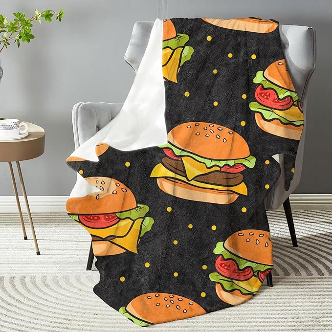 Funny Hamburger Theme Plush Throw Blanket - Soft, Comfy, Lightweight, Warm, and Fuzzy - Ideal Gift for Men and Boys - Perfect for Couch, Bedroom, Travel, Bed - 50x40 inches